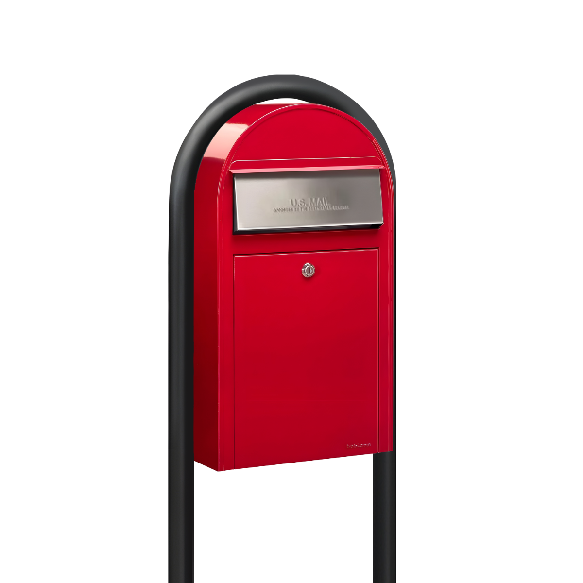 USPS Approved Bobi Grande Slim Front Access Modern Locking Red Mailbox with  Stainless Steel Mail Slot and Round Black Post Combo