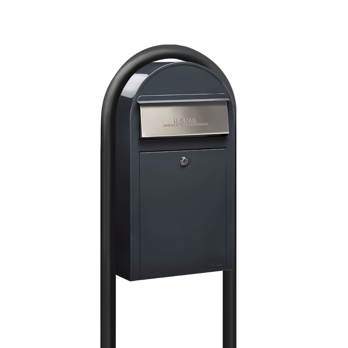 USPS Approved Bobi Grande Slim Front Access Modern Locking Grey Mailbox with  Stainless Steel Mail Slot and Round Black Post Combo