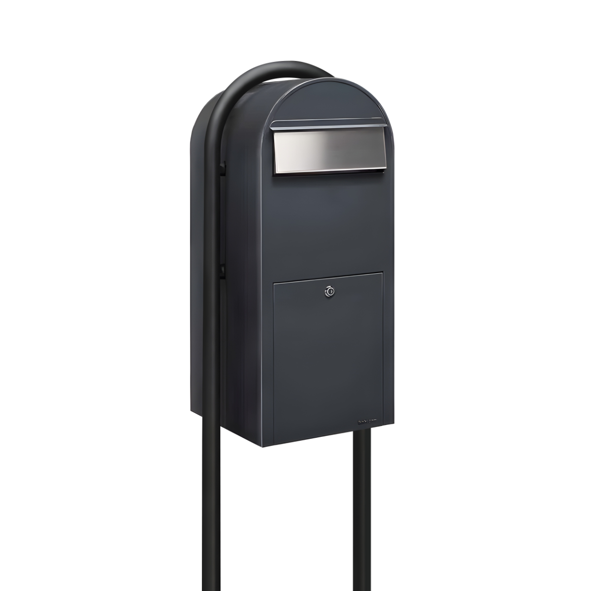 Bobi Jumbo Front Access Package Grey Mailbox with Stainless Steel Mail Slot and Round Black Post Combo