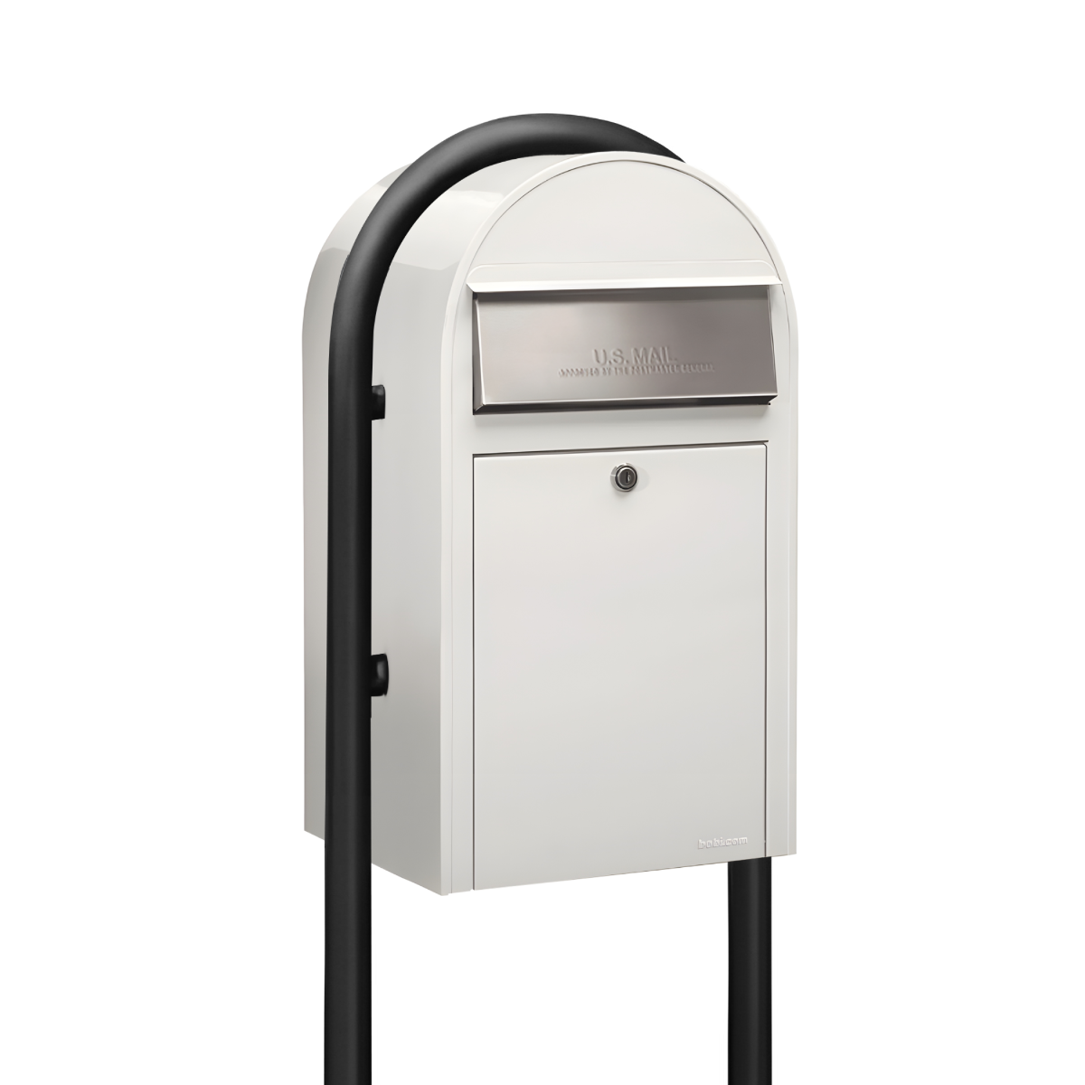 USPS Approved Bobi Grande Front Access Modern Locking White Mailbox with Stainless Steel Mail Slot and Round Black Post Combo 