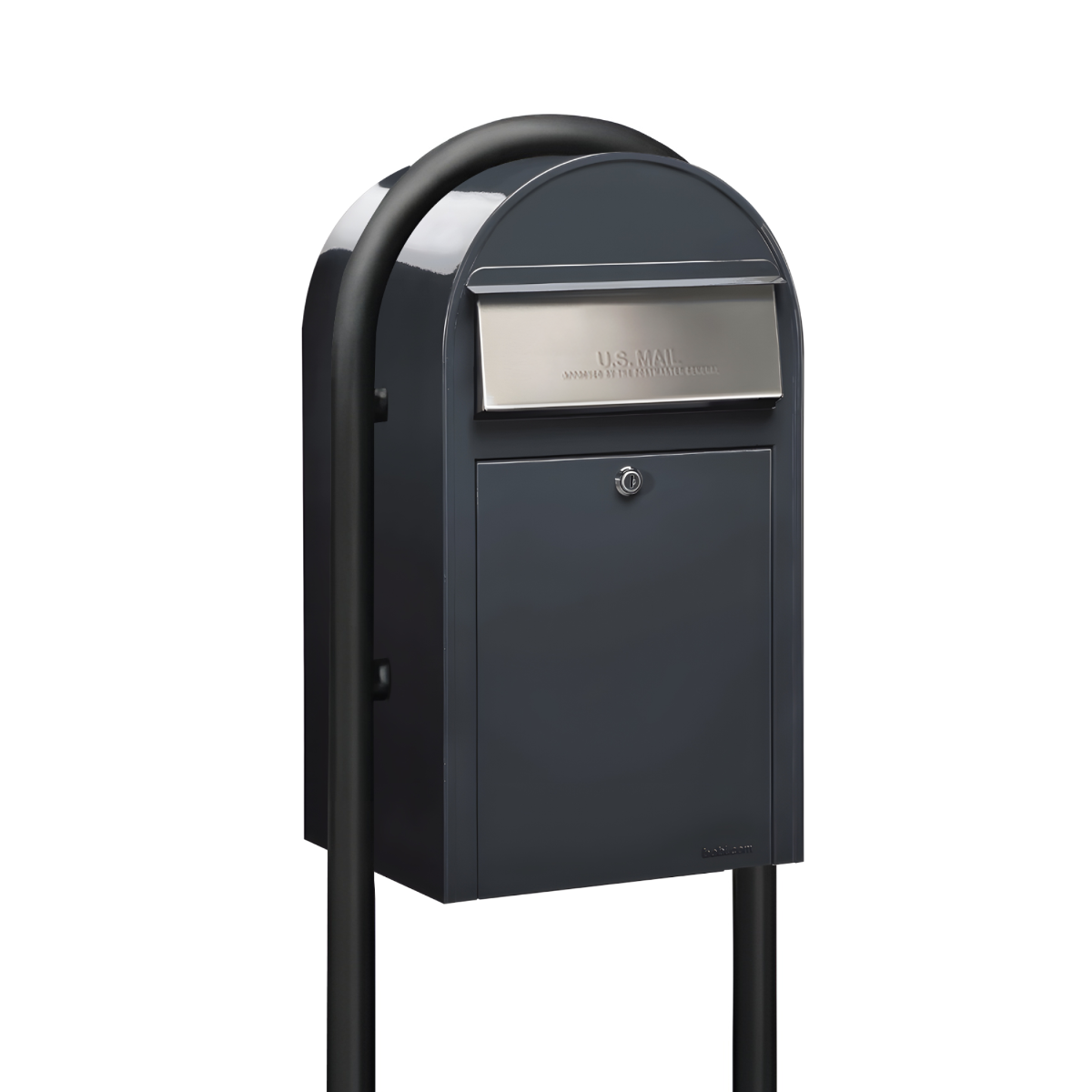 USPS Approved Bobi Grande Front Access Modern Locking Grey Mailbox with Stainless Steel Mail Slot and Round Black Post Combo 