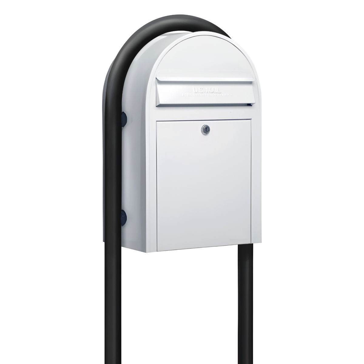 USPS Approved Bobi Classic Front Access Modern Locking White Mailbox and Round Black Post Combo