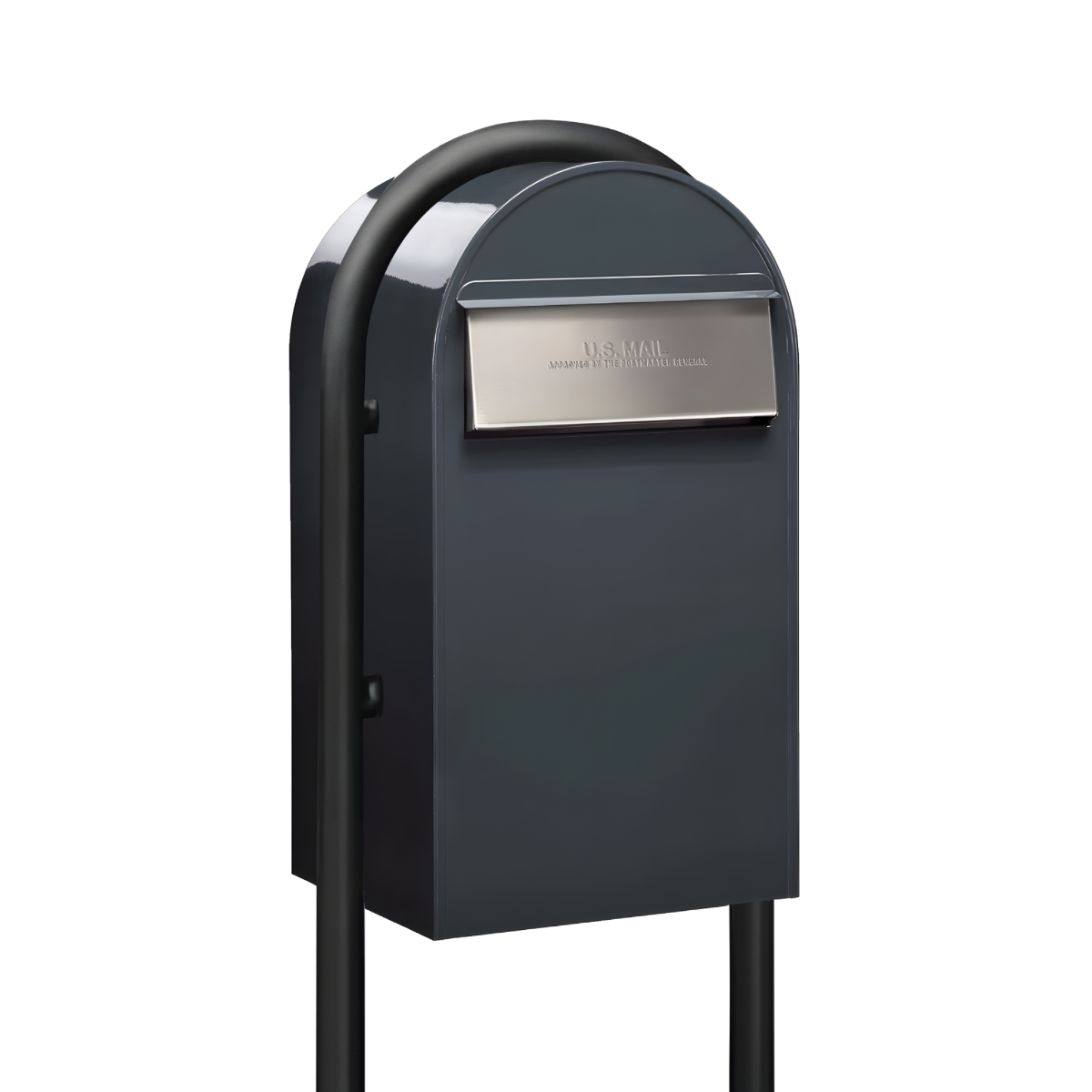 USPS Approved Bobi Grande B Rear Access Modern Locking Grey Mailbox with Round Black Post Combo  - Stainless Steel Mail Slot –   Secure Small Parcel Delivery