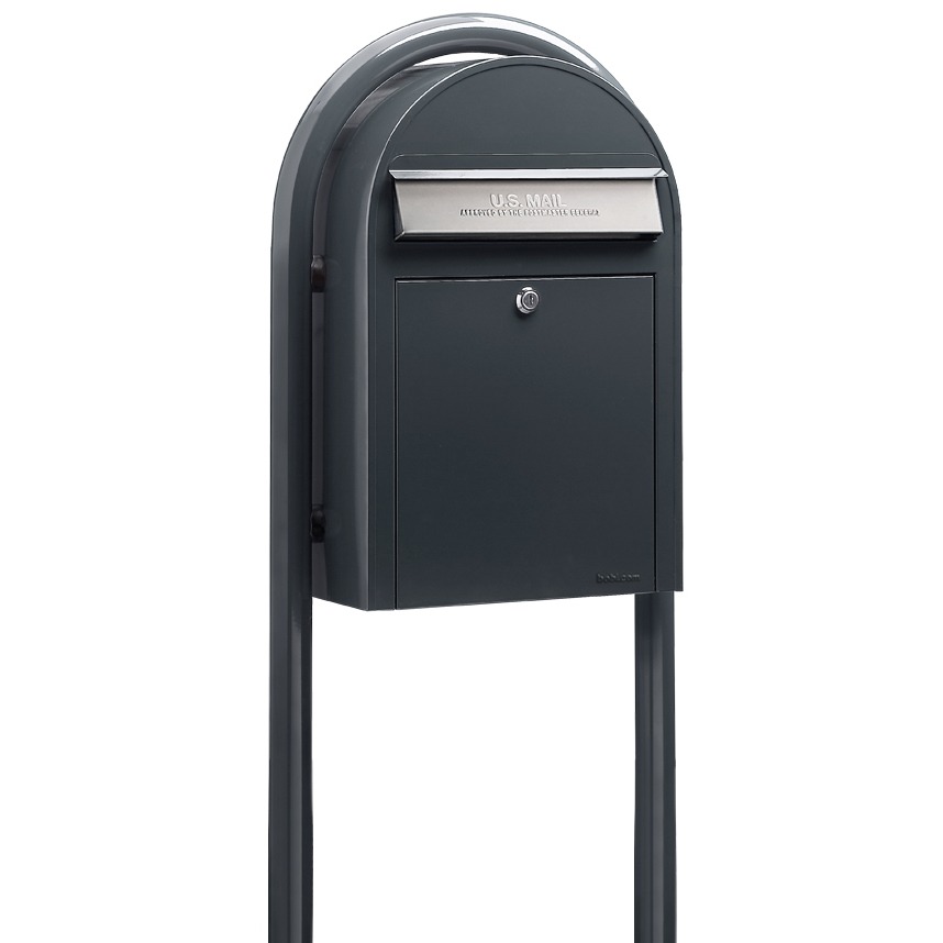 USPS Approved Bobi Classic Front Access Modern Locking Grey Mailbox with Stainless Steel Mail Slot and Round Grey Post Combo