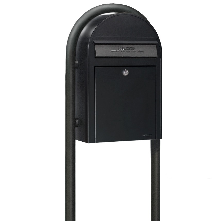 USPS Approved Bobi Classic Front Access Modern Locking Black Mailbox and Round Black Post Combo