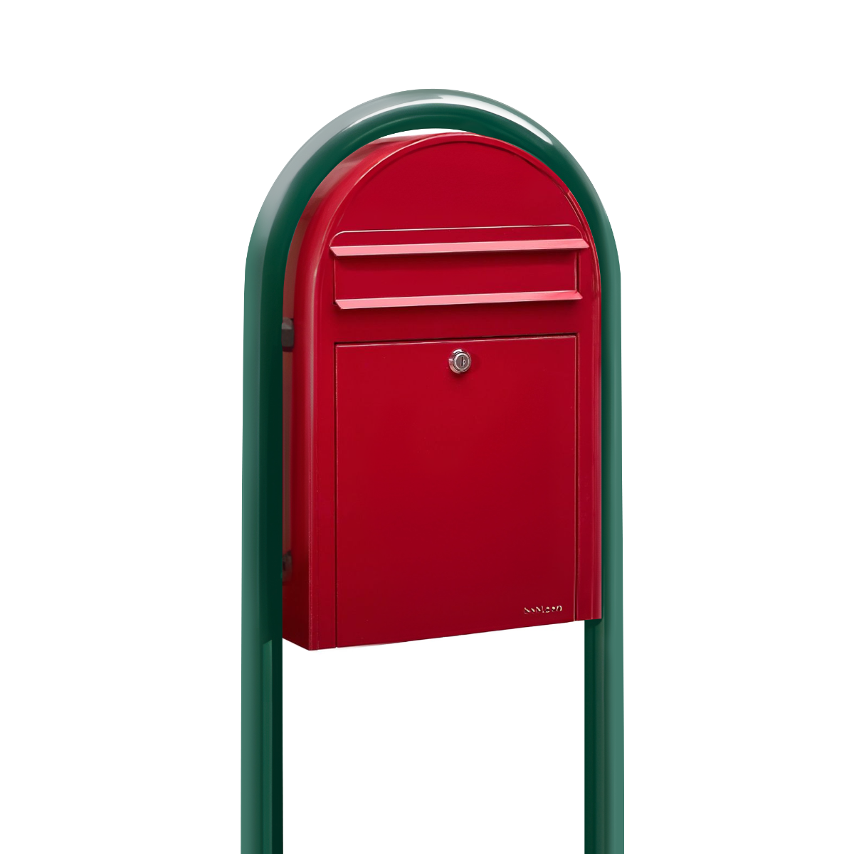 Bobi Classic Slim Front Access Modern Locking Red Mailbox and Round Green Post Combo