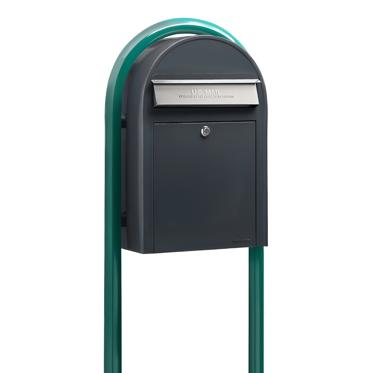 Bobi Classic Front Access Grey Mailbox with Stainless Steel Mail Slot and Round Green Post Combo
