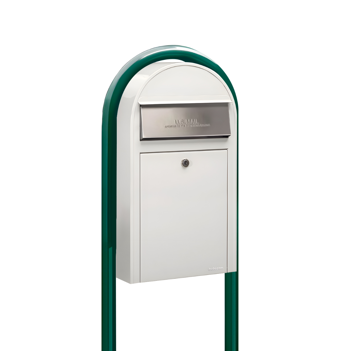 Bobi Grande Slim Front Access White Mailbox with Stainless Steel Mail Slot and Round Green Post Combo