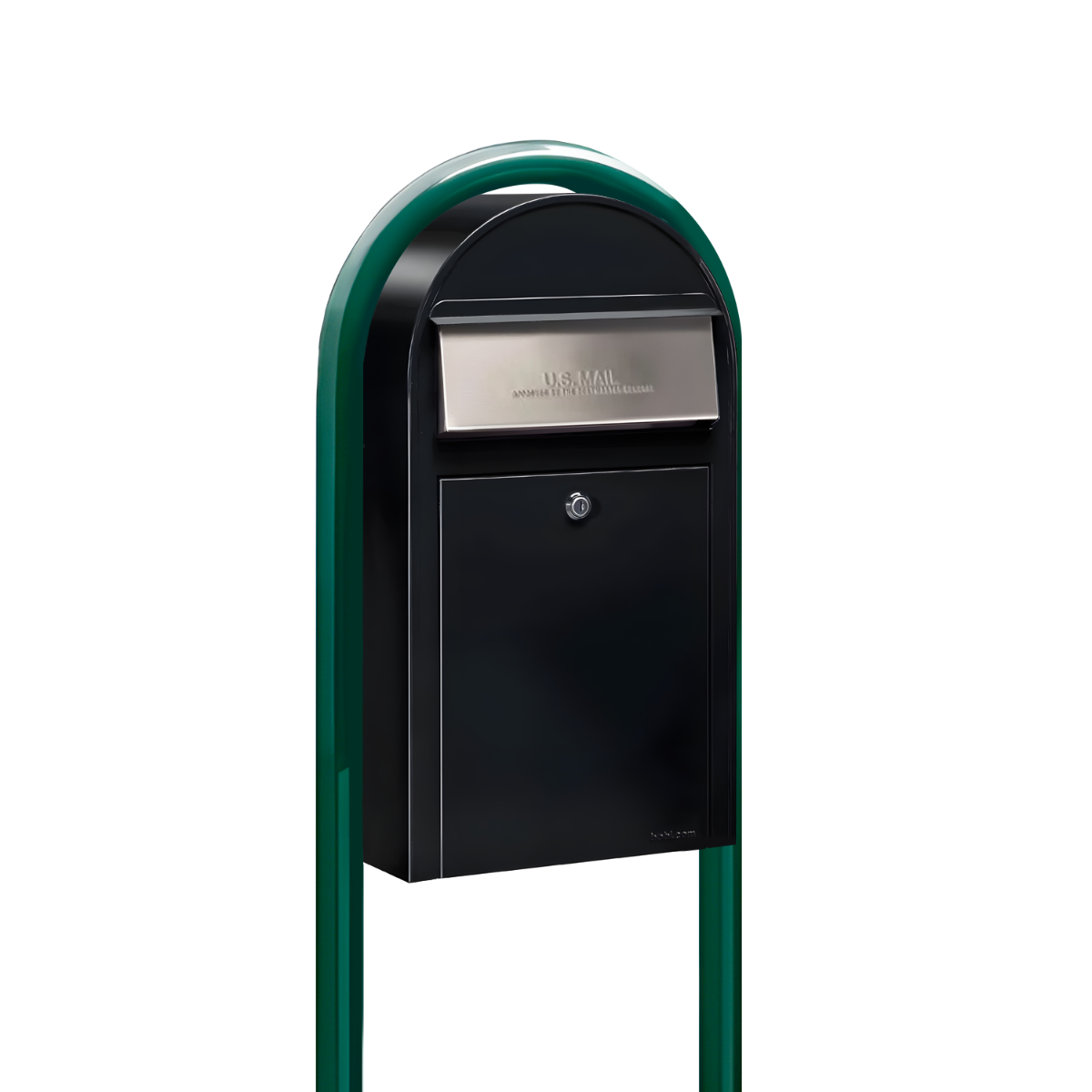 Bobi Grande Slim Front Access Black Mailbox with Stainless Steel Mail Slot and Round Green Post Combo
