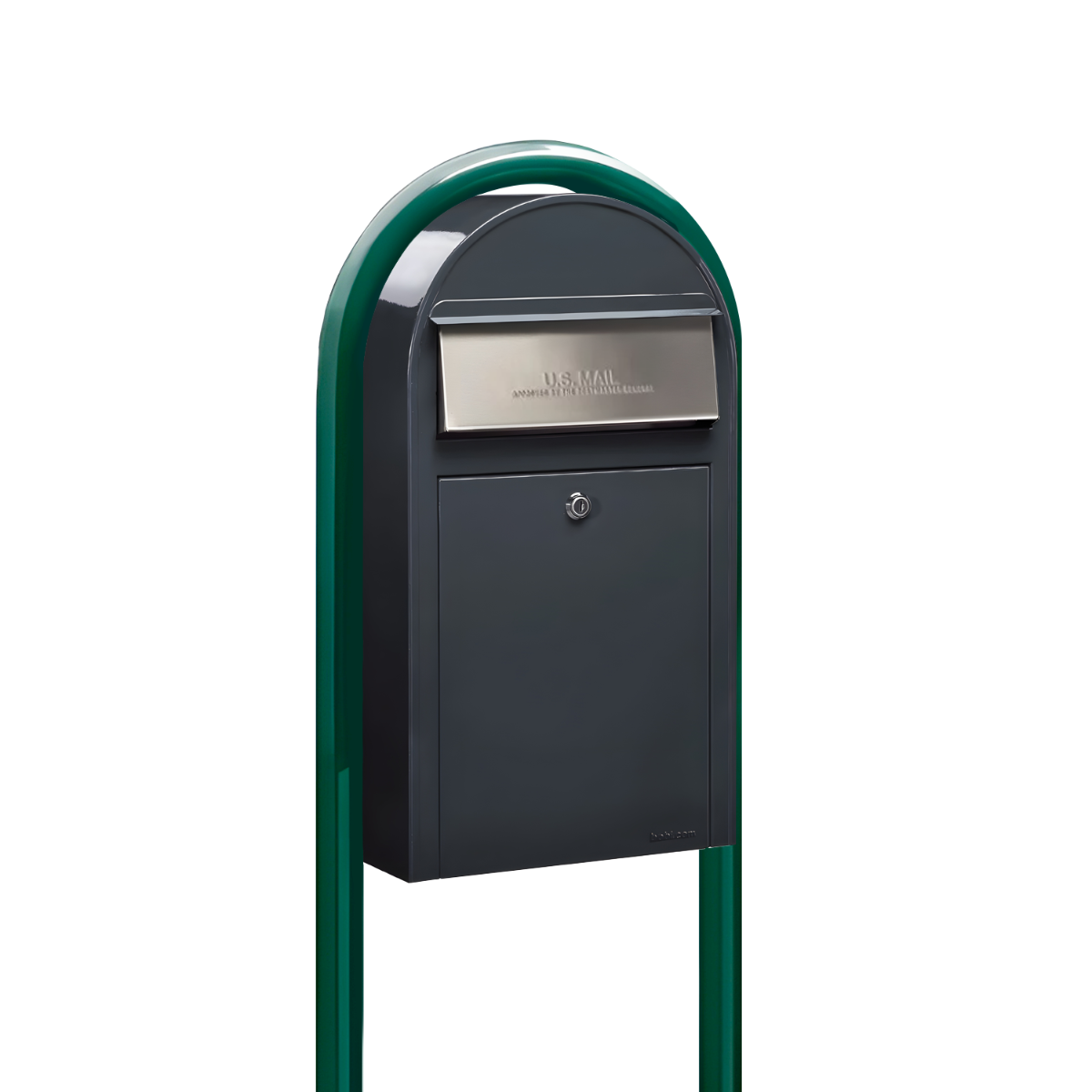 USPS Approved Bobi Grande Slim Front Access Modern Locking Grey Mailbox with Stainless Steel Mail Slot and Round Green Post Combo