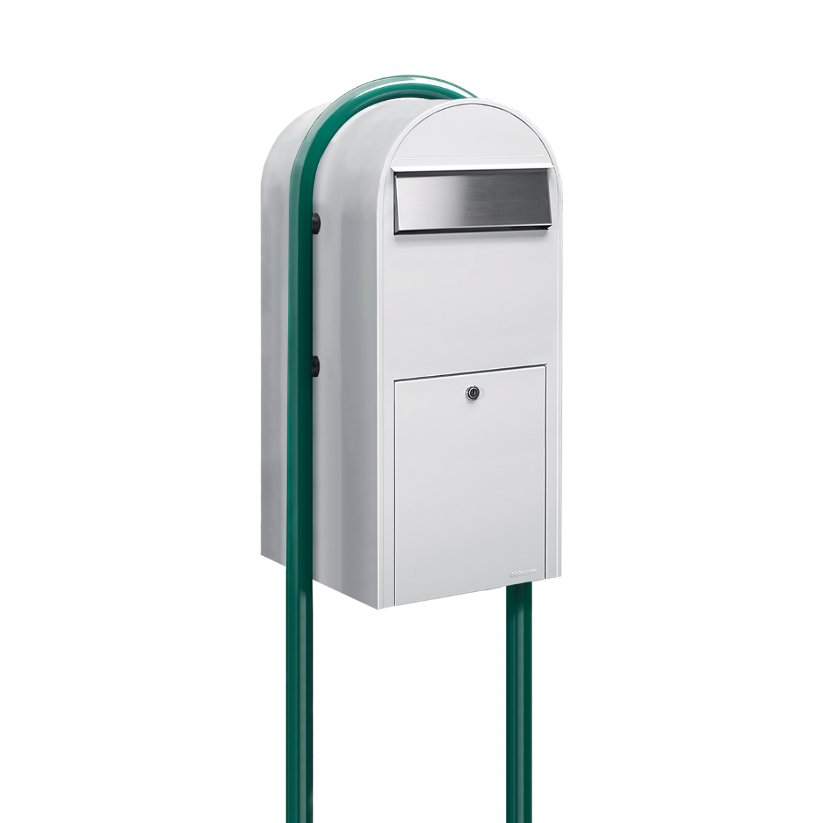 Bobi Jumbo Front Access Package White Mailbox with Stainless Steel Mail Slot and Round Green Post Combo