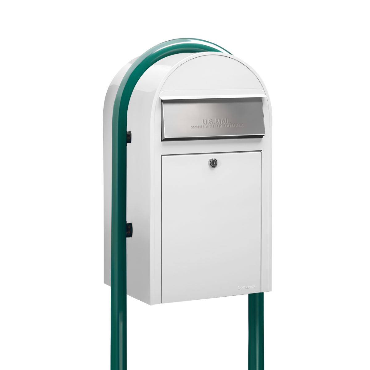 Bobi Grande Front Access White Mailbox with Stainless Steel Mail Slot and Round Green Post Combo