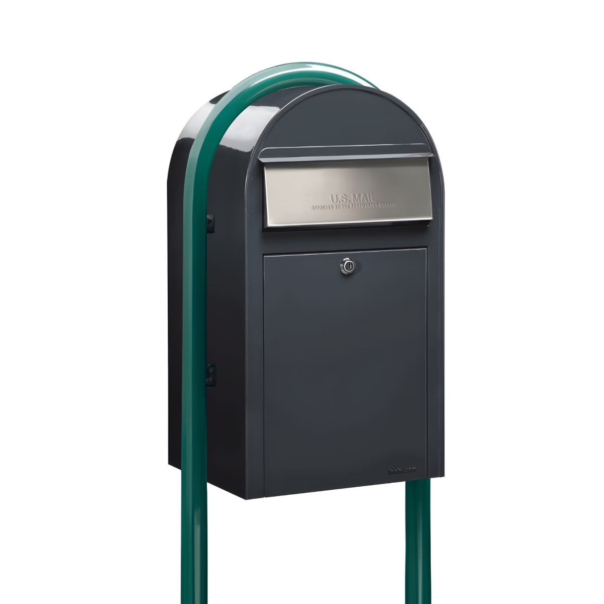 USPS Approved Bobi Grande Front Access Modern Locking Grey Mailbox with Stainless Steel Mail Slot and Round Green Post Combo 