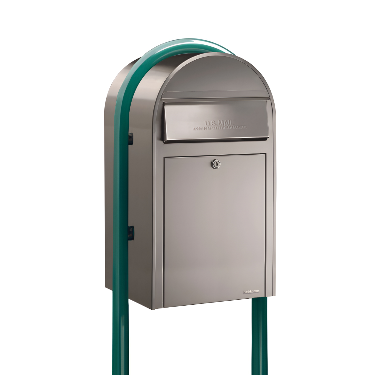 Bobi Grande Front Access Stainless Steel Mailbox with Round Green Post Combo