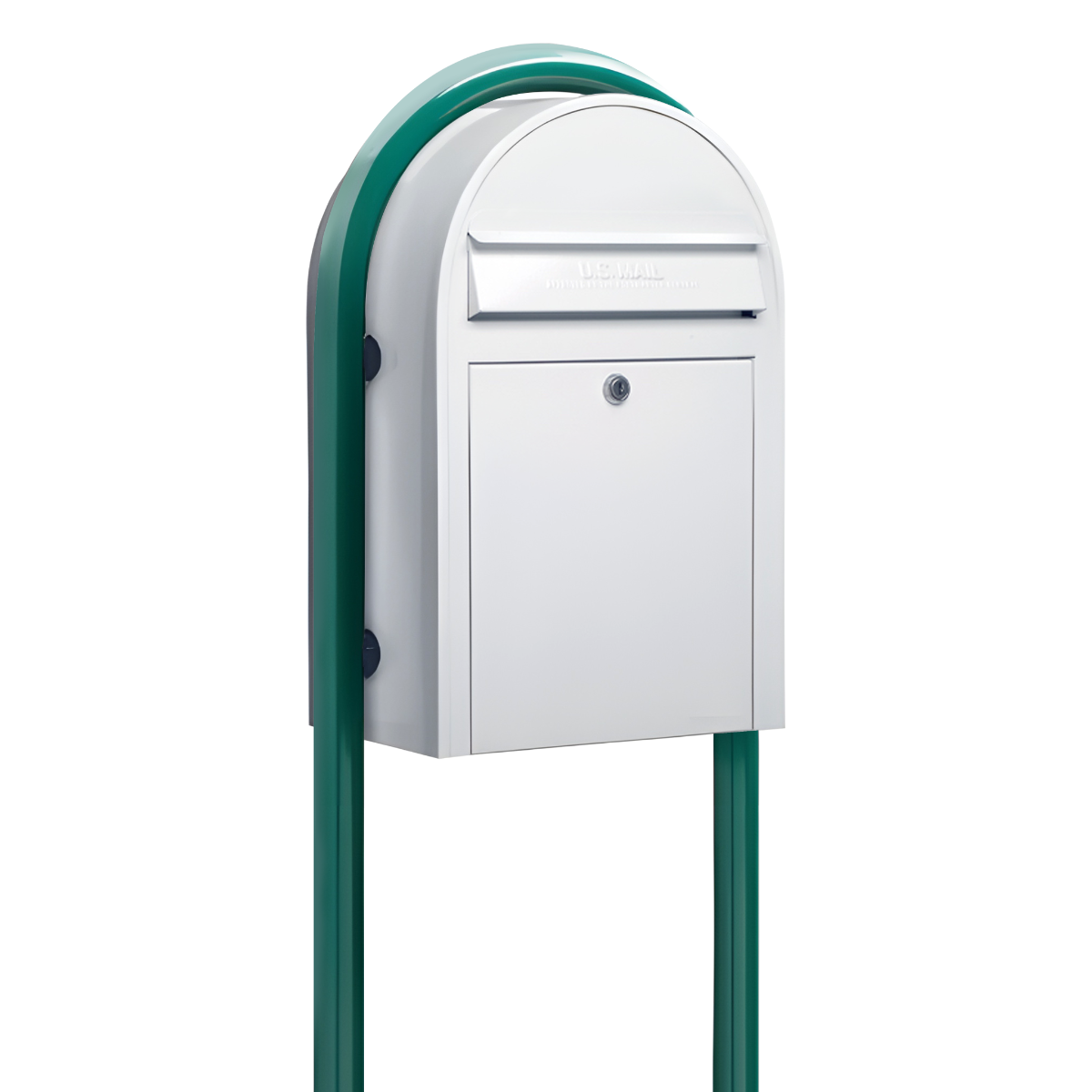 USPS Approved Bobi Classic Front Access Modern Locking White Mailbox and Round Green Post Combo