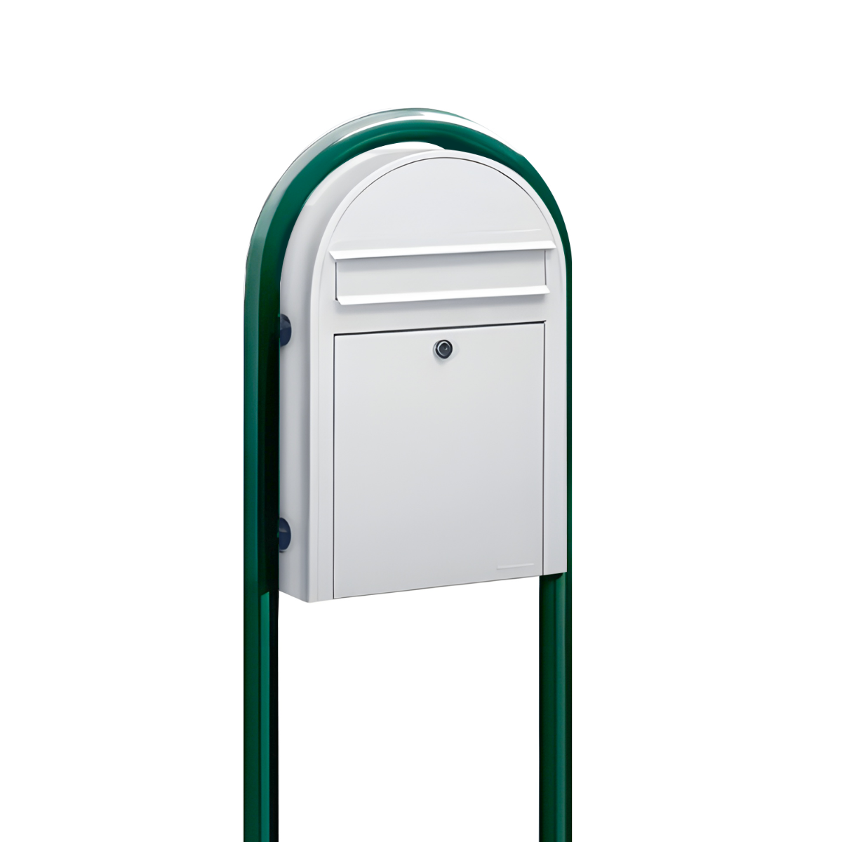Bobi Classic Slim Front Access Modern Locking White Mailbox and Round Green Post Combo