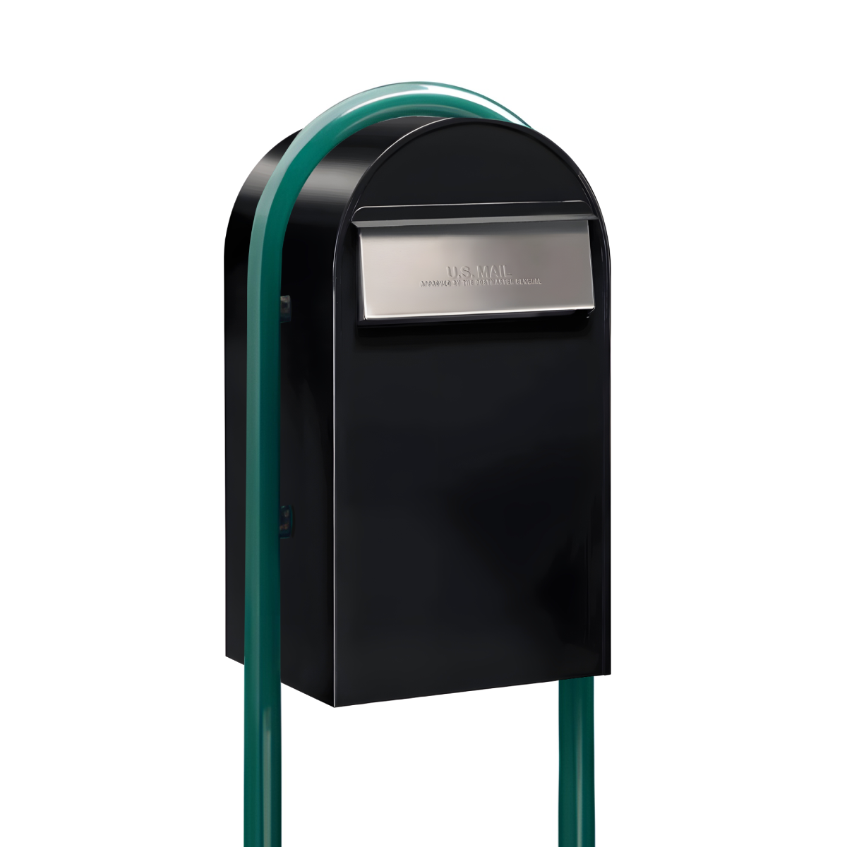 USPS Approved Bobi Grande B Rear Access Modern Locking Black Mailbox with Round Green Post Combo  - Stainless Steel Mail Slot –   Secure Small Parcel Delivery