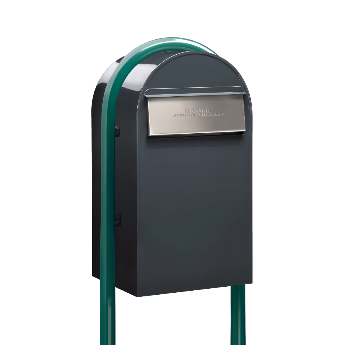 USPS Approved Bobi Grande B Rear Access Modern Locking Grey Mailbox with Round Green Post Combo - Stainless Steel Mail Slot –  Secure Small Parcel Delivery