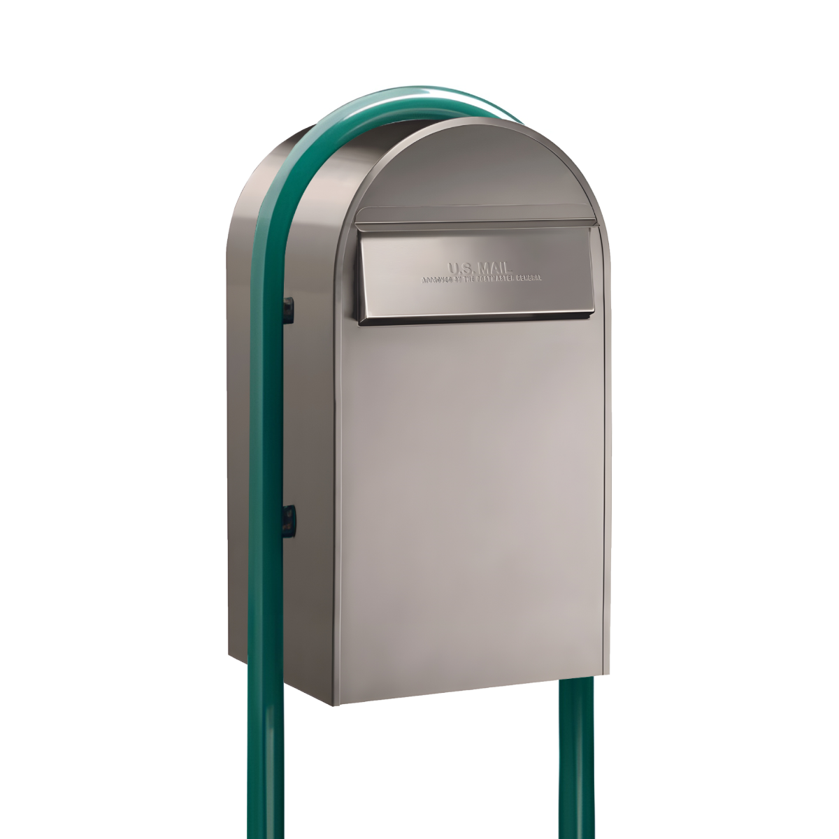 USPS Approved Bobi Grande B Rear Access Modern Locking Stainless Steel Mailbox with Round Green Post Combo - Secure Small Parcel Delivery