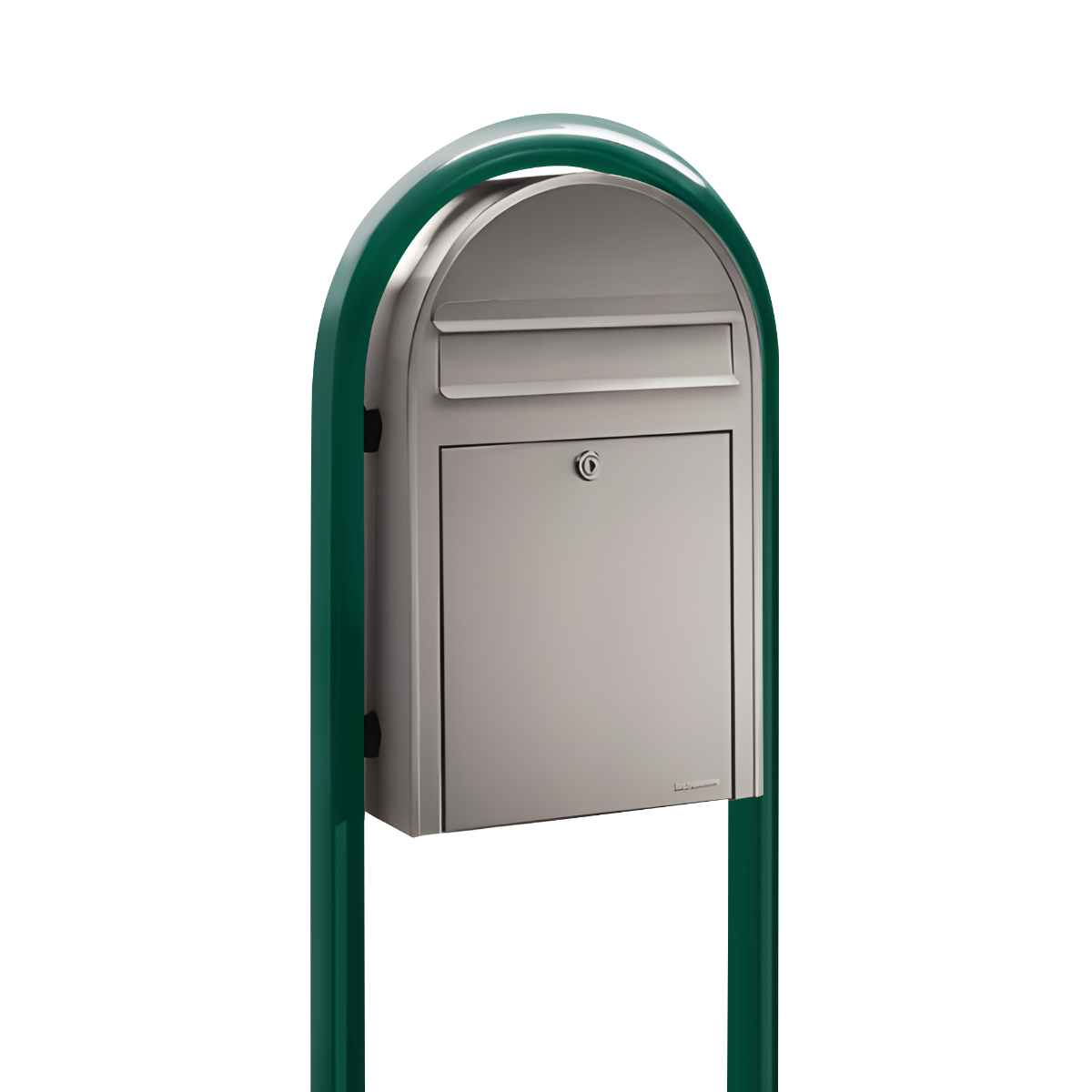 Bobi Classic Slim Front Access Modern Locking Stainless Steel Mailbox and Round Green Post Combo
