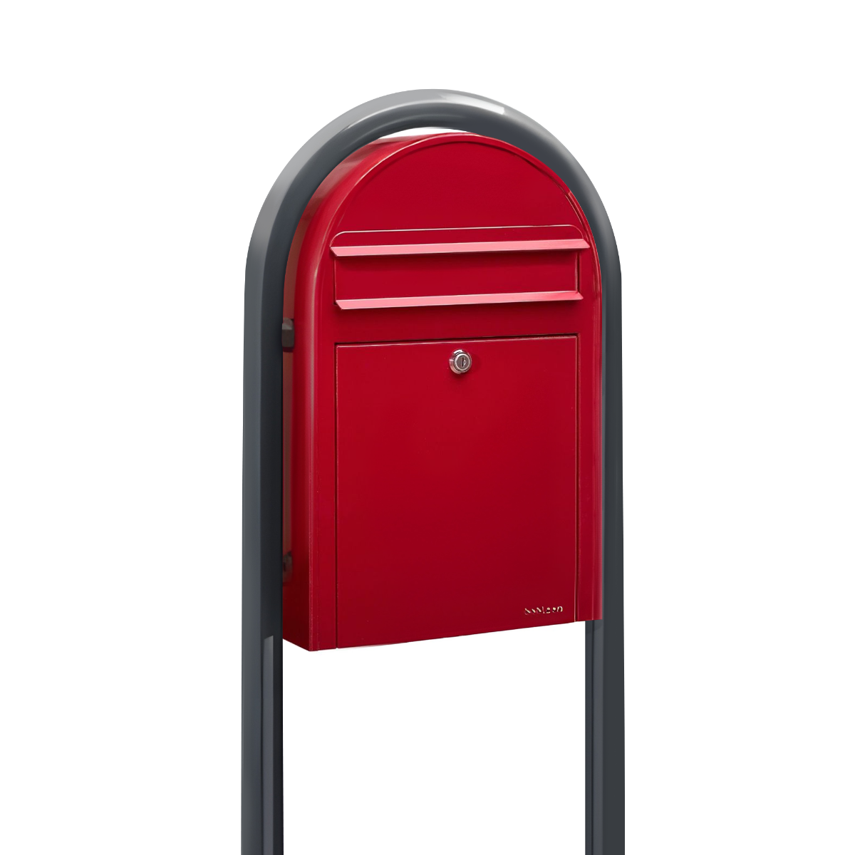 Bobi Classic Slim Front Access Modern Locking Red Mailbox and Round Grey Post Combo