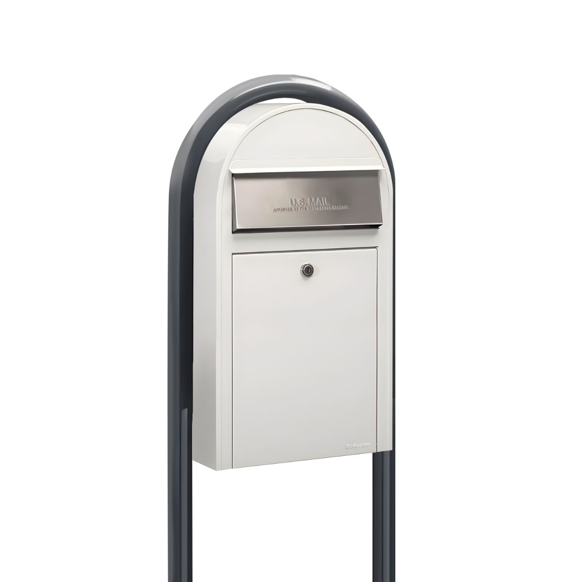 USPS Approved Bobi Grande Slim Front Access Modern Locking White Mailbox with Stainless Steel Mail Slot and Round Grey Post Combo