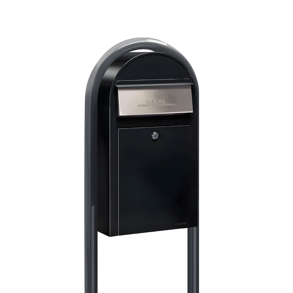 USPS Approved Bobi Grande Slim Front Access Modern Locking Black Mailbox with Stainless Steel Mail Slot and Round Grey Post Combo