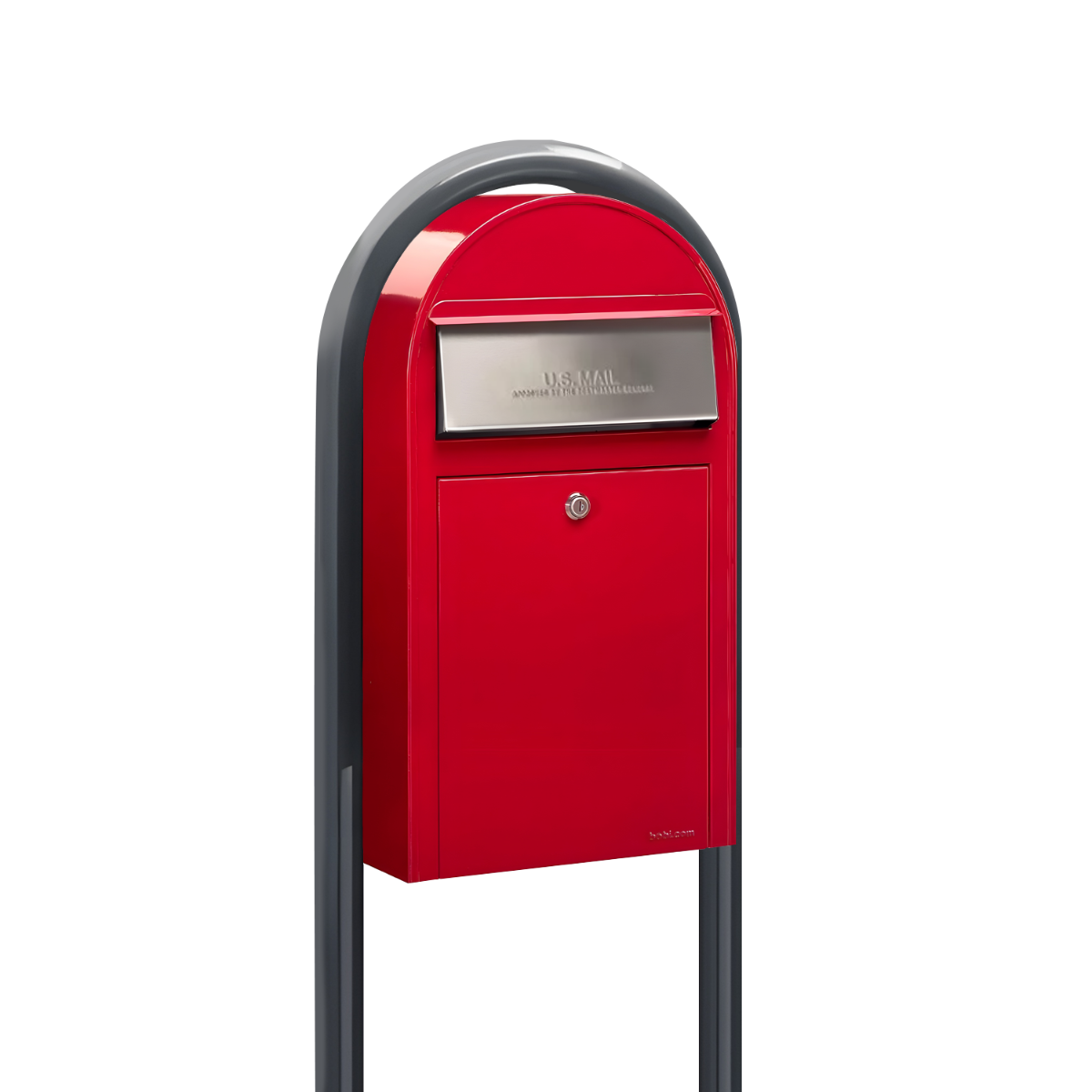USPS Approved Bobi Grande Slim Front Access Modern Locking Red Mailbox with Stainless Steel Mail Slot and Round Grey Post Combo