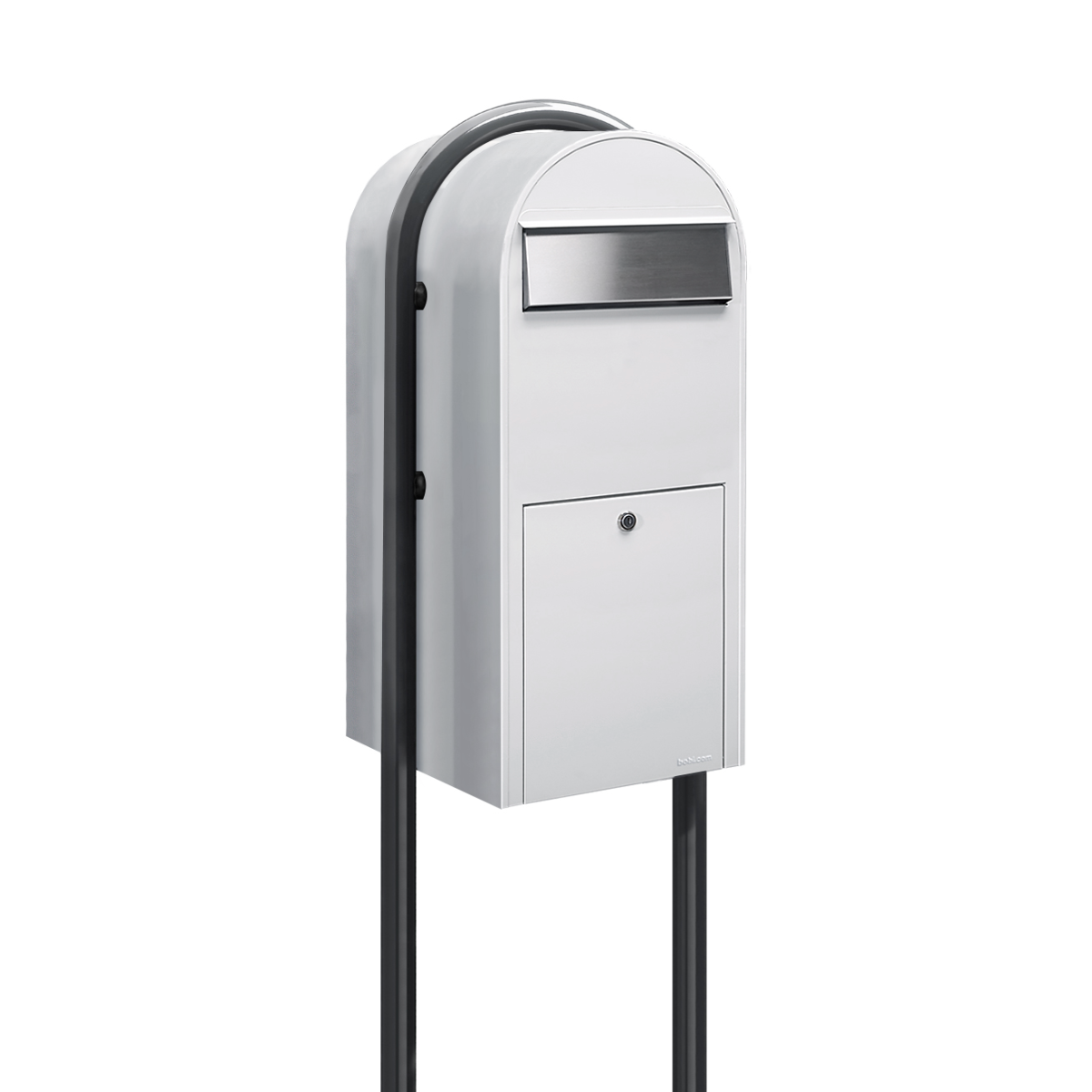 Bobi Jumbo Front Access Package White Mailbox with Stainless Steel Mail Slot and Round Grey Post Combo