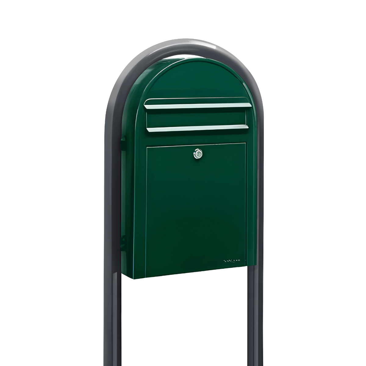 Bobi Classic Slim Front Access Modern Locking Green Mailbox and Round Grey Post Combo