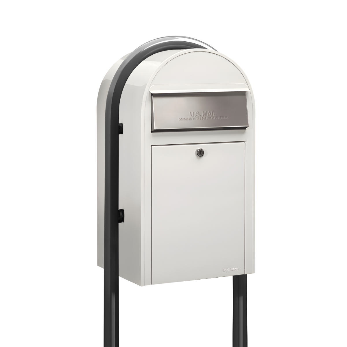 USPS Approved Bobi Grande Front Access Modern Locking White Mailbox with Stainless Steel Mail Slot and Round Grey Post Combo 