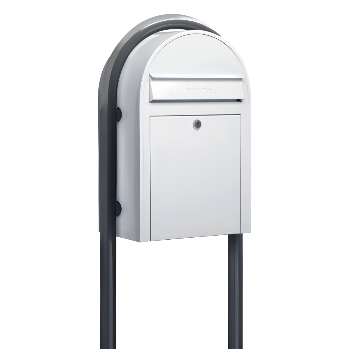 USPS Approved Bobi Classic Front Access Modern Locking White Mailbox and Round Grey Post Combo