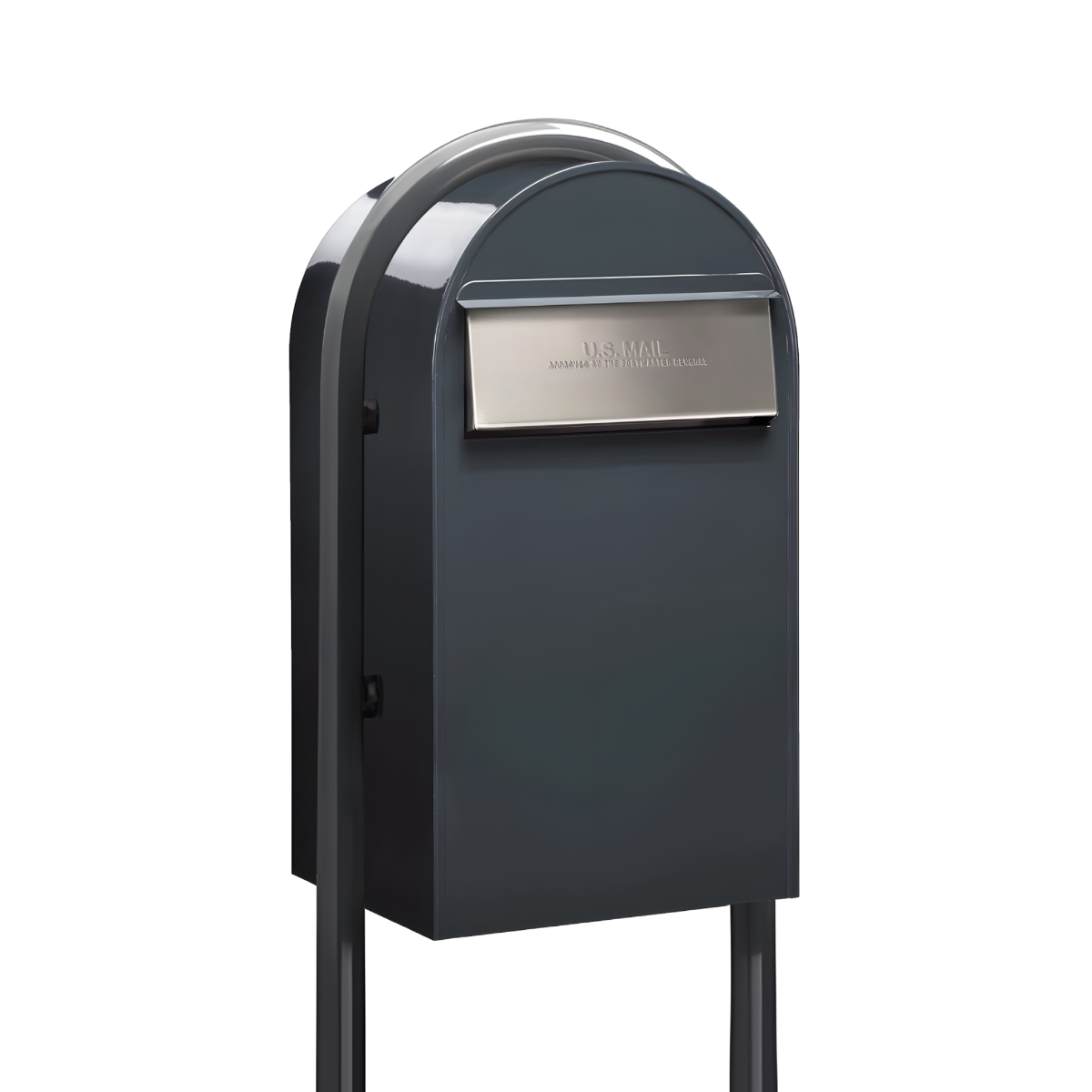 USPS Approved Bobi Grande B Rear Access Modern Locking Grey Mailbox with Round Grey Post Combo -  Stainless Steel Mail Slot – Secure Small Parcel Delivery