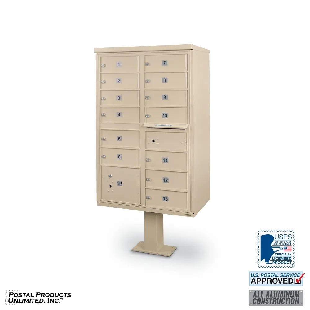 USPS-Approved 13 Door F-Spec Cluster Mailbox CBU with 1 Parcel Locker, Standard Numbering and Pedestal Included