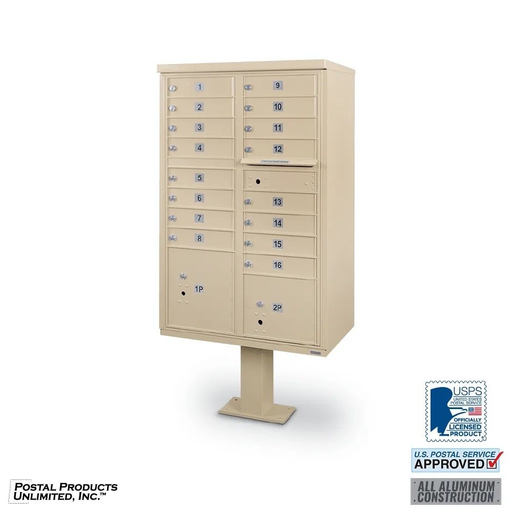 USPS-Approved 16 Door F-Spec Cluster Mailbox CBU with 2 Parcel Lockers, Standard Numbering and Pedestal Included
