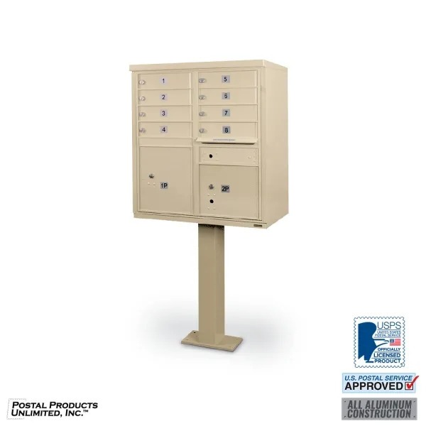 USPS-Approved 8 Door F-Spec Cluster Mailbox CBU with 2 Parcel Lockers, Standard Numbering and Pedestal Included
