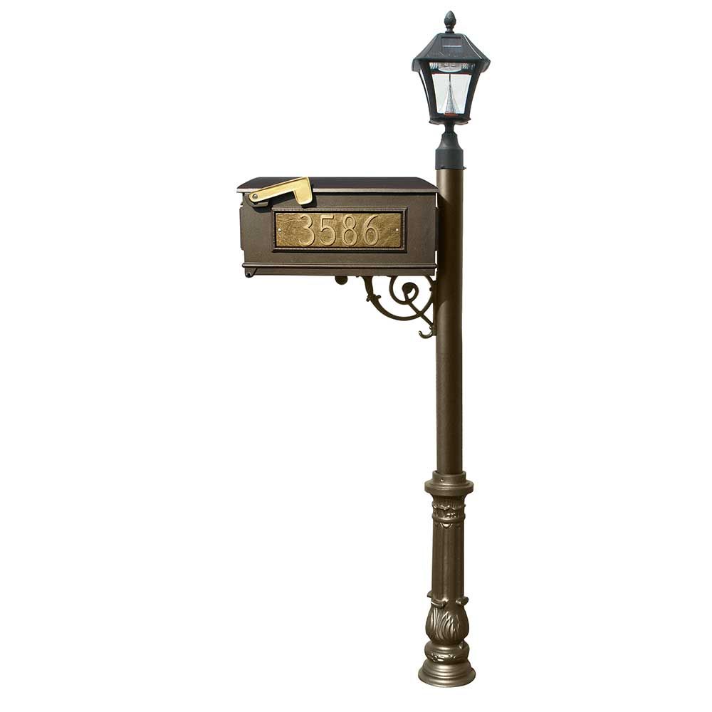 Lewiston Mailbox and Lewiston Post with 3 Address Plates (Sides, Front), Support Brace and Ornate Base, with Black Bayview Solar Lamp