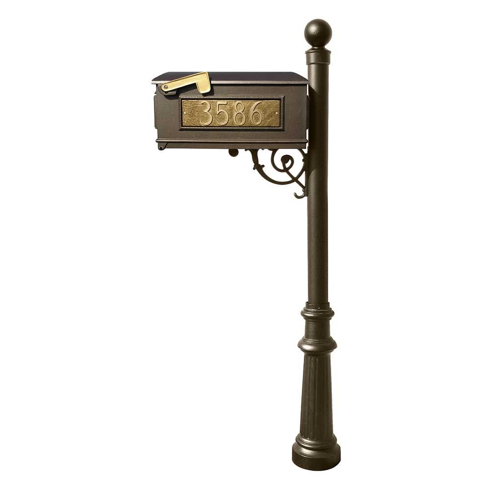 Lewiston Mailbox and Lewiston Post (with Fluted Base and Ball Finial), with 3 Address Plates (Sides, Front) and Support Brace