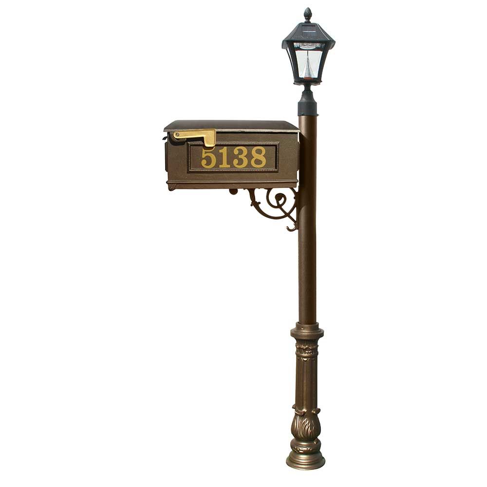 Lewiston Mailbox and Lewiston Post with Vinyl Numbers, Support Brace, and Ornate Base, with Black Bayview Solar Lamp