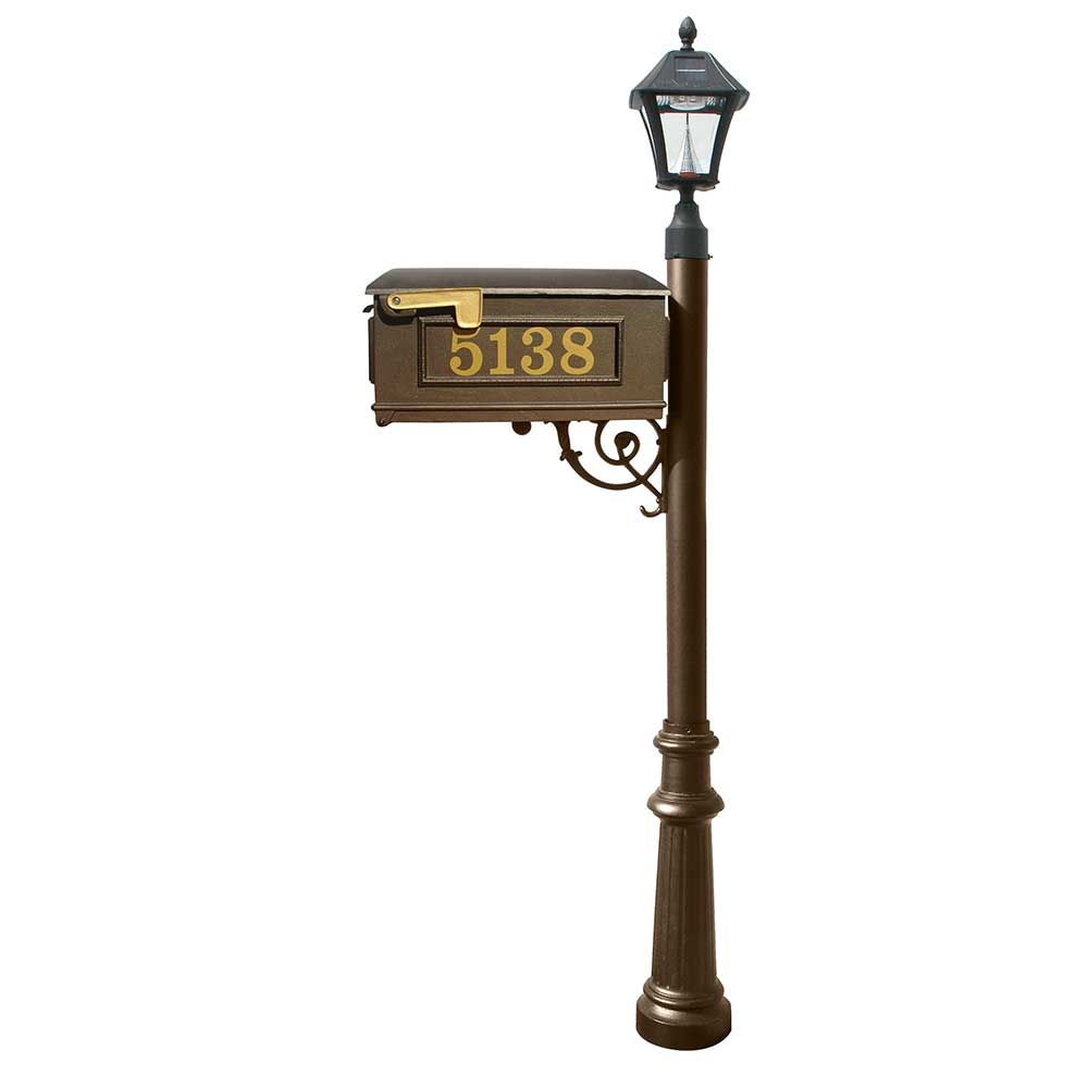 Lewiston Mailbox and Lewiston Post with Vinyl Numbers, Support Brace, and Fluted Base with Black Bayview Solar Lamp