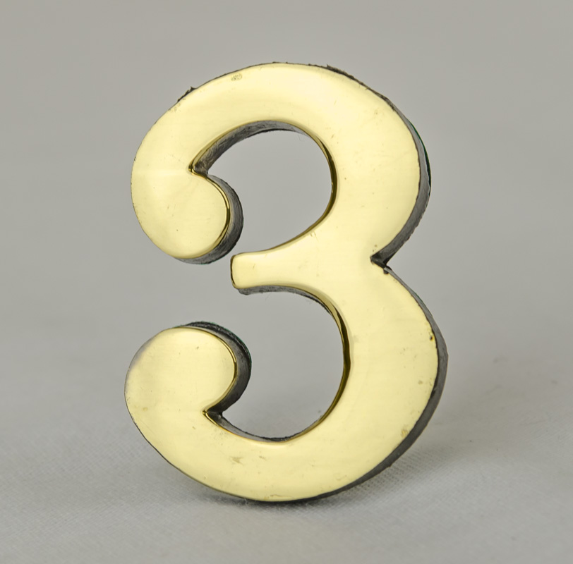 2 Inch Brass Number Three with Self Adhesive Back