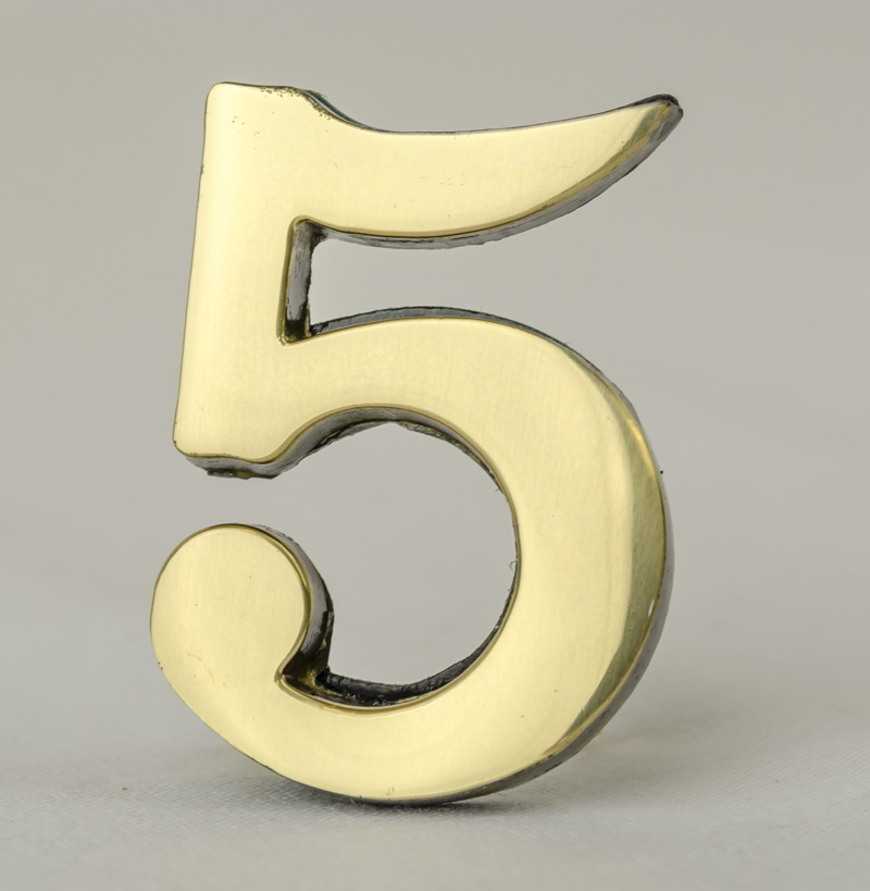 2 Inch Brass Number Five with Self Adhesive Back