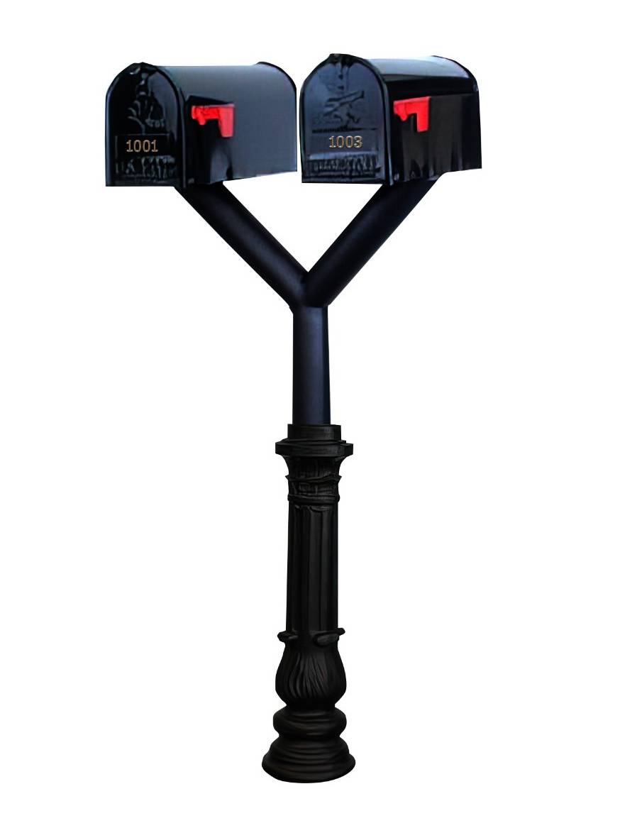 QualArc Penfield Twin Mailbox Post System, base 7 with two E1 Economy Mailboxes Black