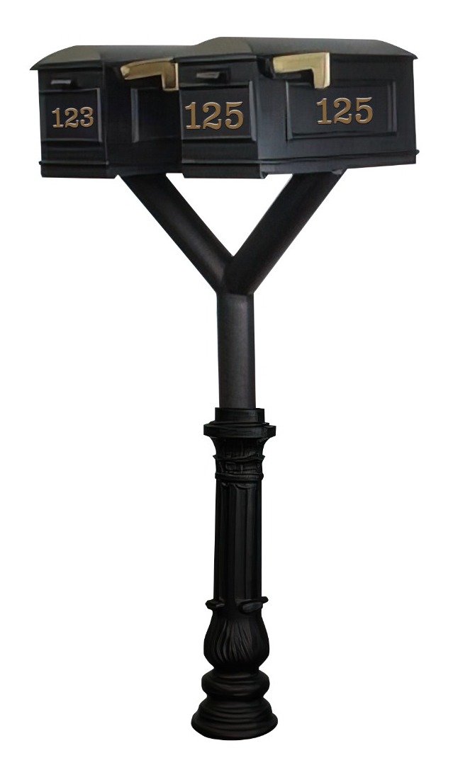 QualArc Penfield Twin Mailbox Post System, base 7 with two Lewiston Mailboxes Black