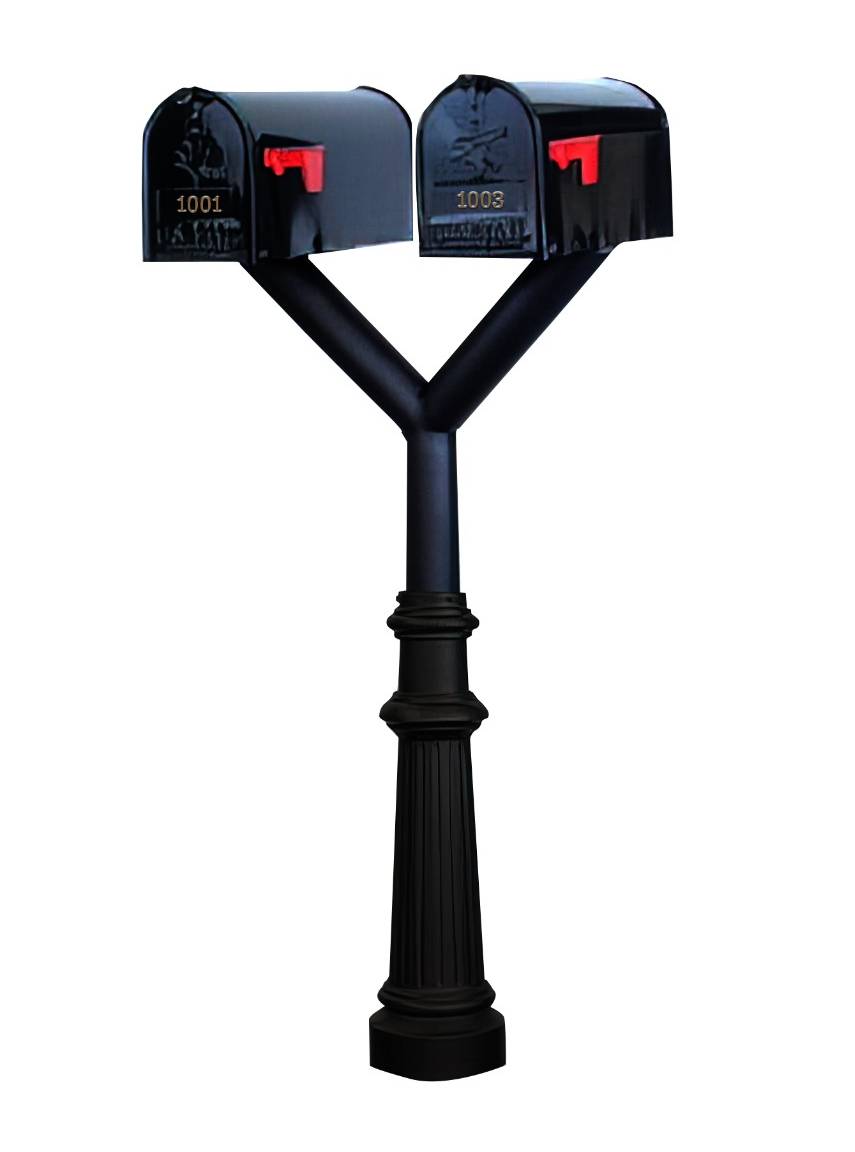 QualArc Penfield Twin Mailbox Post System, base 8 with two E1 Economy Mailboxes Black