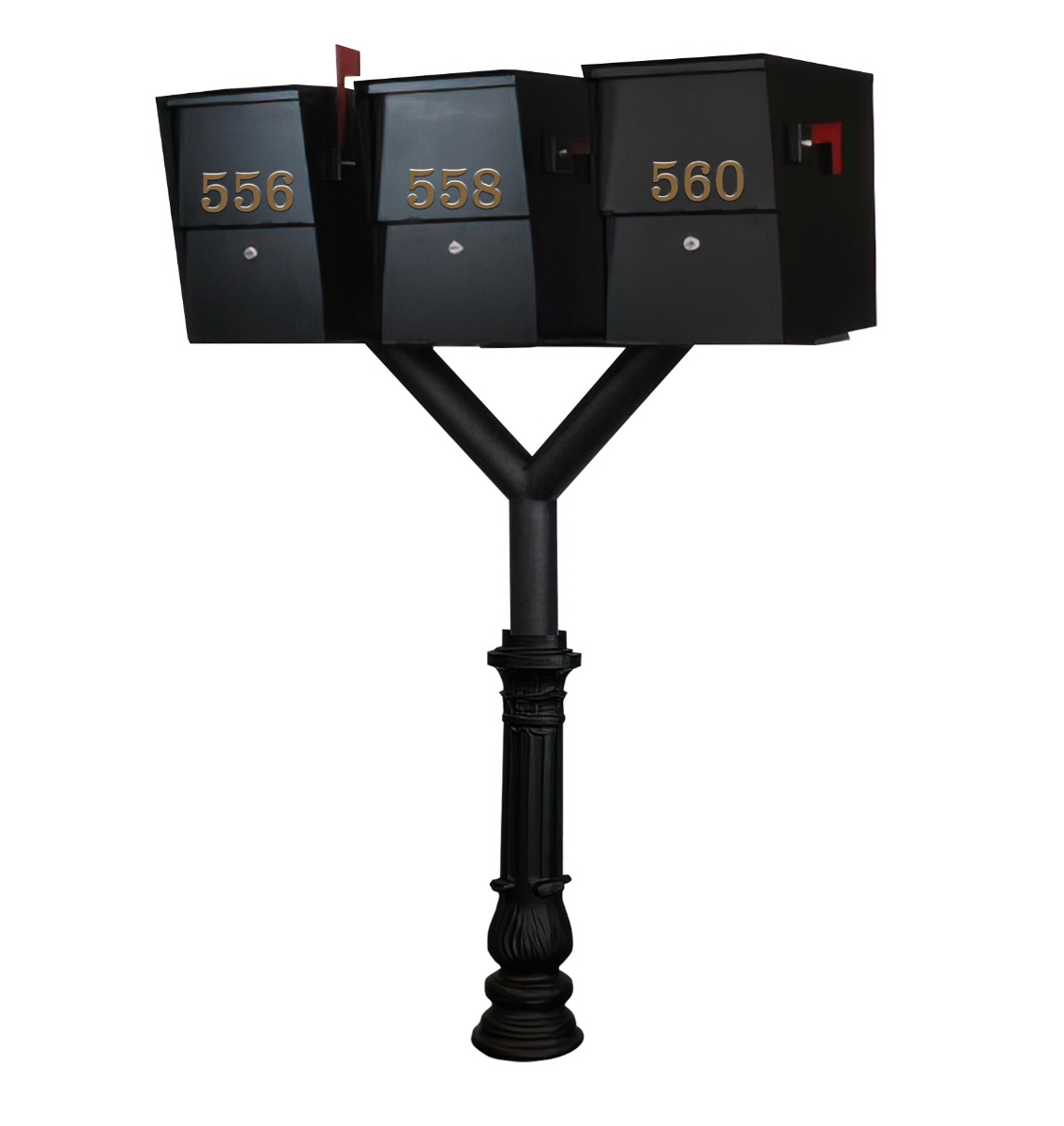 QualArc Penfield TRIPLE Mailbox Post System, base 7 with Three Letter Sentry mailboxes Black