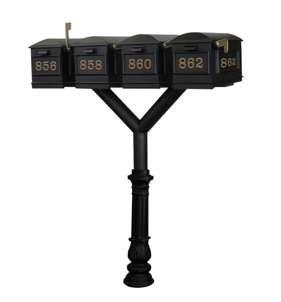 QualArc Penfield QUAD Mailbox Post System, base 7 with four Lewiston Mailboxes