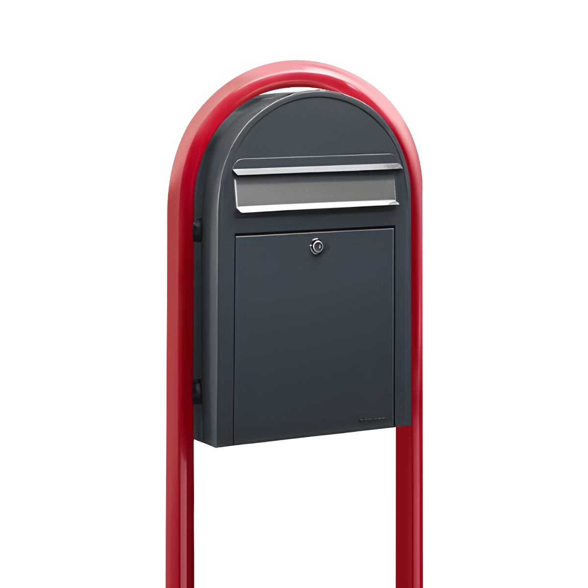 Bobi Classic Slim Front Access Modern Locking Grey Mailbox with Stainless Steel Mail Slot and Round Red Post Combo