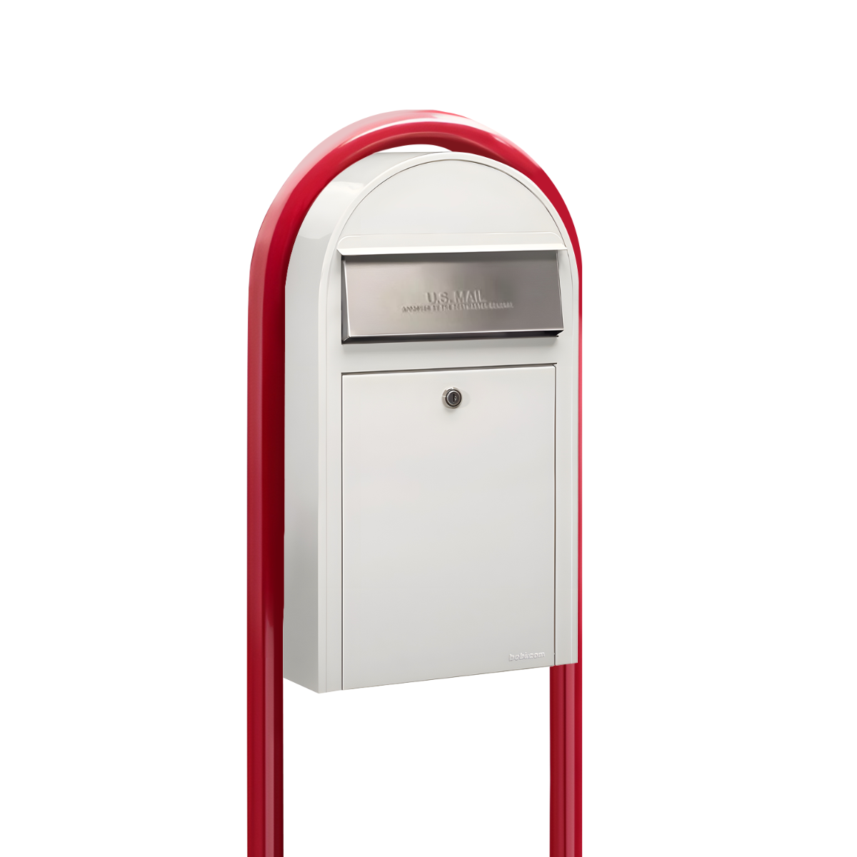 USPS Approved Bobi Grande Slim Front Access Modern Locking White Mailbox with  Stainless Steel Mail Slot and Round Red Post Combo