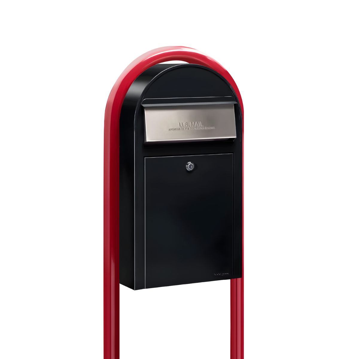 USPS Approved Bobi Grande Slim Front Access Modern Locking Black Mailbox with Stainless Steel Mail Slot and Round Red Post Combo